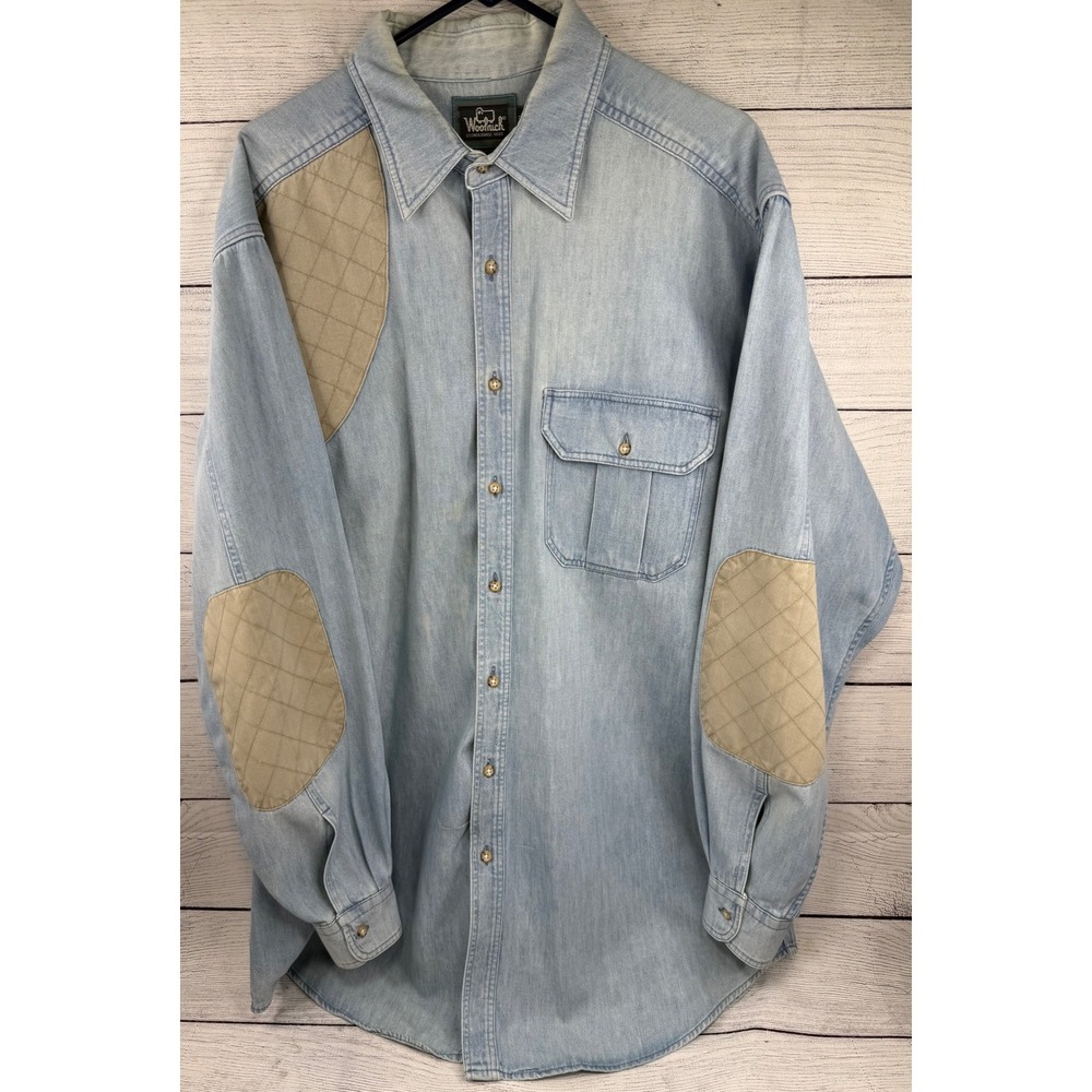 Vintage Woolrich Denim Shirt Mens XL Blue Light Wash Cotton Made in USA Workwear